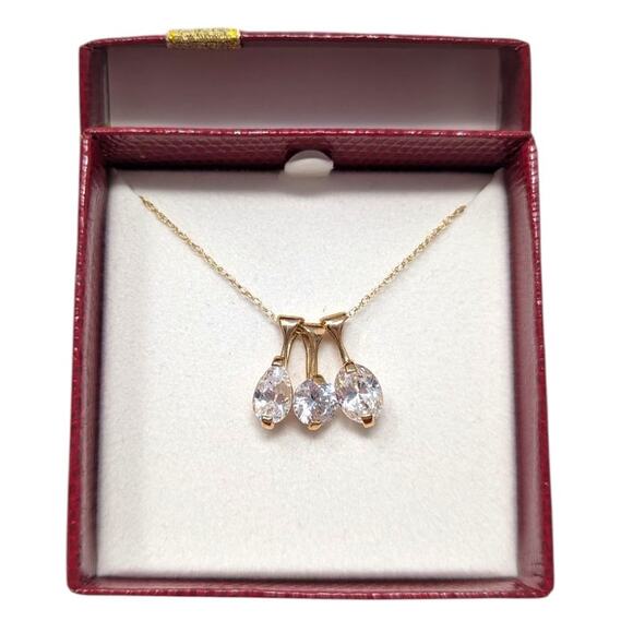 14K Gold Teardrop Pendant Necklace JCM CZ Triple Drop Pendant Gold Necklace - Picture 1 of 5